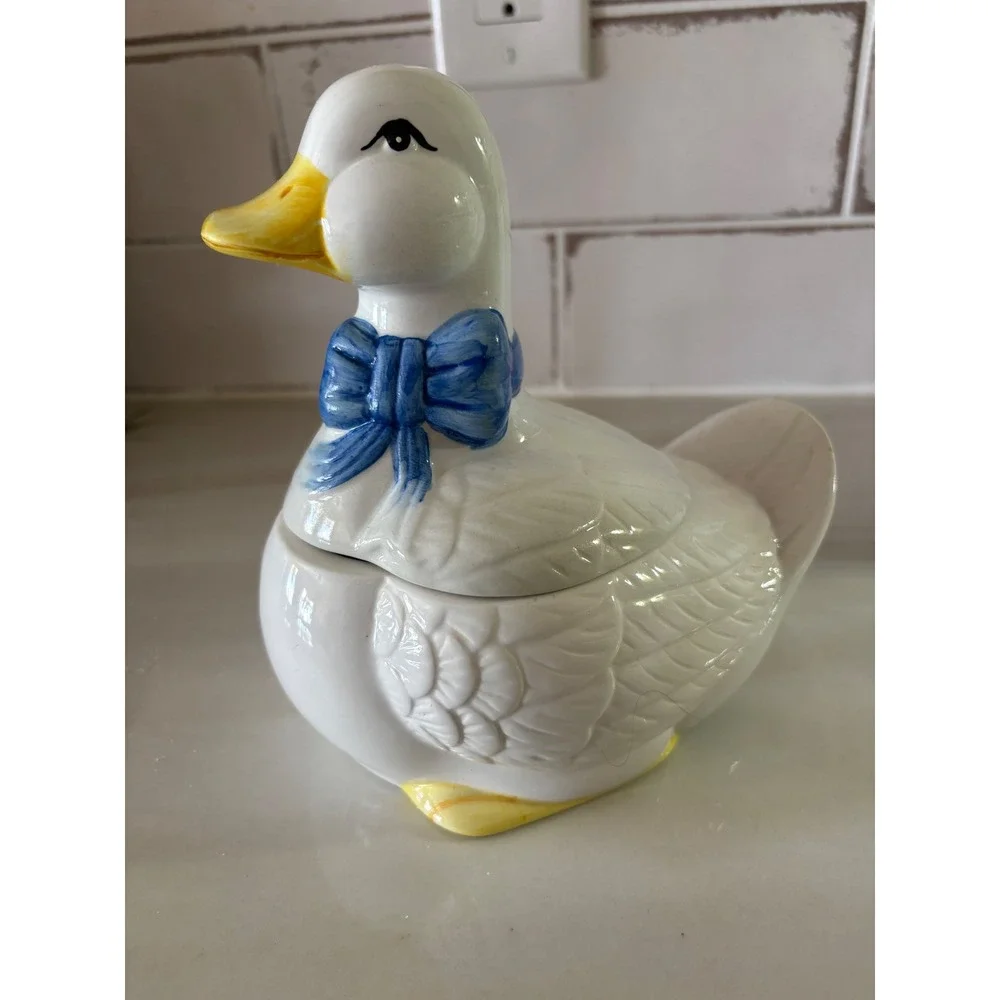 Vintage Ceramic Duck Jar White Goose Blue Bow Farmhouse Cottagecore Decor